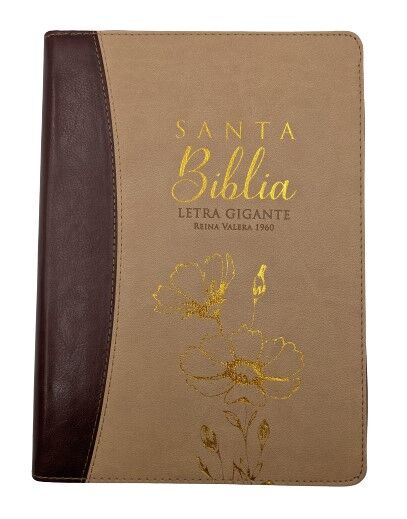 Biblia RVR60 Letra Gigante imitación piel diseño flor beige/café índice y cierre canto dorado