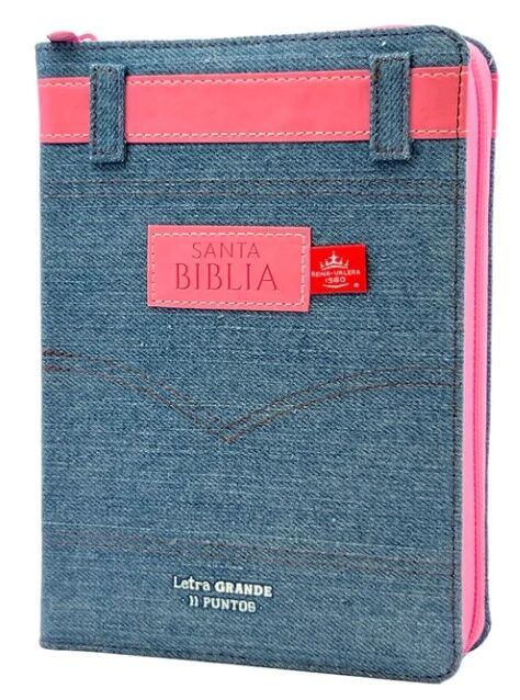 Biblia RVR60 portátil letra grande 11 puntos con cierre jean cinturón rosa