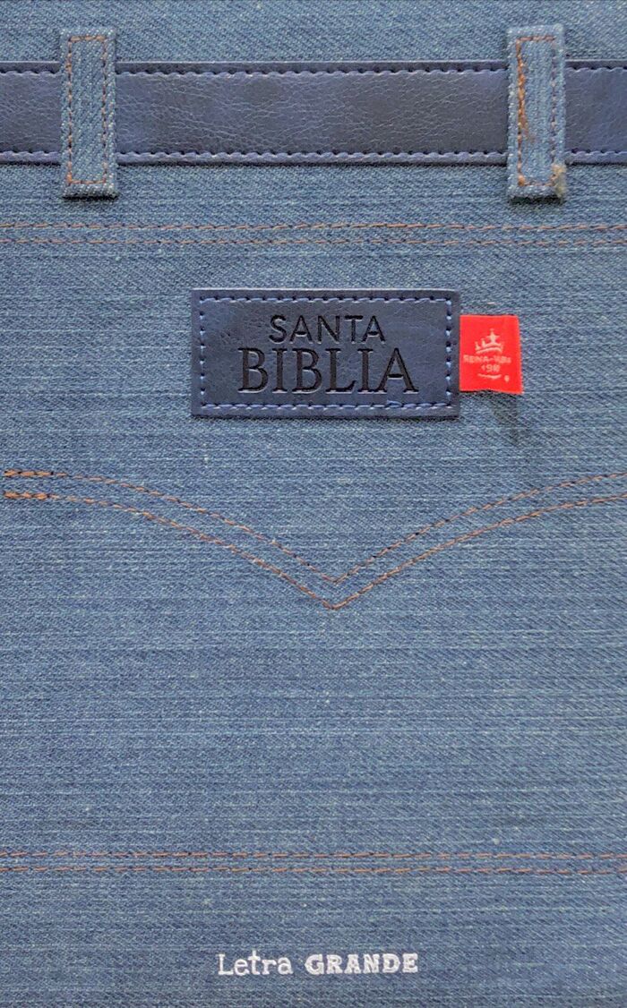 Biblia RVR60 Tamaño manual letra grande Tela Jean con cinturón azul. Cierre/índice