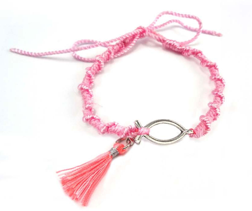 Pulsera GLA1 Rosa Algodón con Icthus de acero (Nueva colección Luce y Comparte)