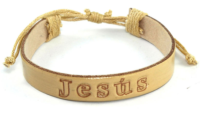 Pulsera piel PJ1 con Jesús inscrito beige (Nueva colección Luce y Comparte)