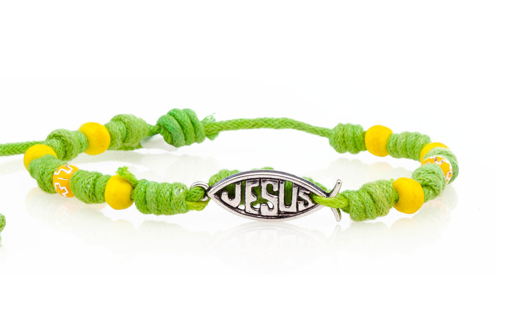 Pulsera algodón CCI con Icthus con Jesús Verde/amarillo (Nueva colección Luce y Comparte)