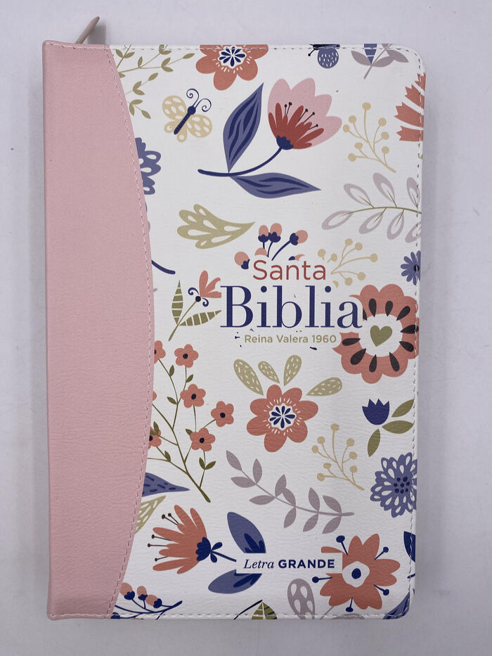 Biblia RVR60 Tamaño manual Letra Grande i/piel cierre/índice canto pintado FLORES IMPRESA (Rosa Claro)