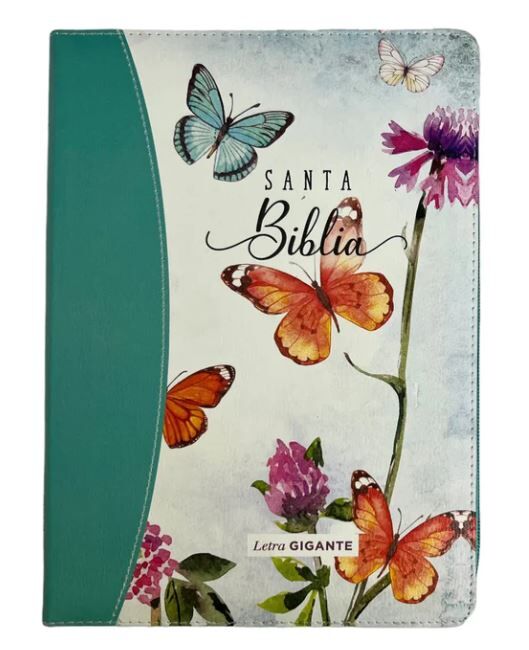 Biblia RVR60 Letra Gigante 15 puntos i/piel turquesa con mariposas canto pintado con cierre/índice