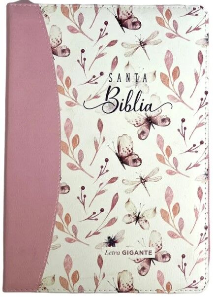 Biblia RVR60 Letra Gigante 15 puntos i/piel rosa con mariposas canto pintado con cierre/índice