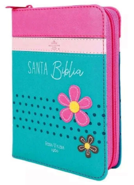 Biblia RVR60 de bolsillo Primor Fucsia/Rosa/Turquesa con flores, con cierre