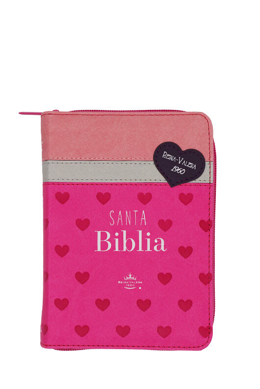 Biblia RVR60 de bolsillo Primor Fucsia/Blanco/Rosa con corazones con cierre