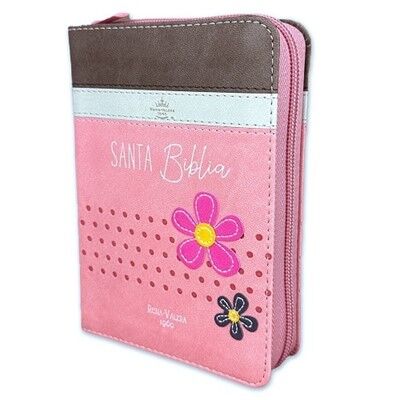 Biblia RVR60 de bolsillo Primor Café/Beige/Rosa con flores con cierre