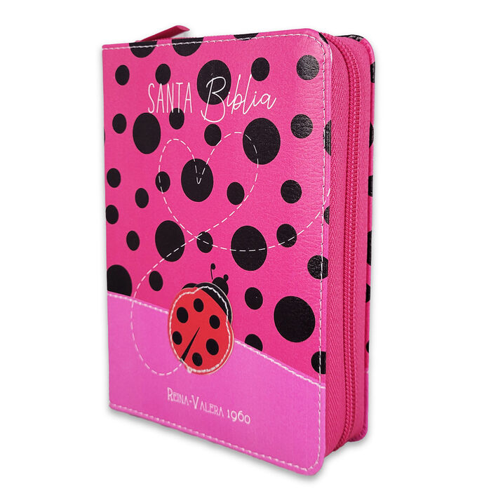 Biblia RVR60 de bolsillo Primor Café/ Fucsia Mariquita con topos con cierre