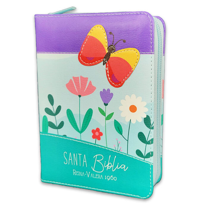 Biblia RVR60 de bolsillo Primor Lila/Azul/Turquesa MAriposa con cierre