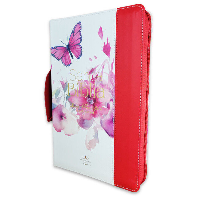 Biblia RVR60 tamaño manual letra grande i/piel con asa color roja/floral con cierre/índice canto pintado