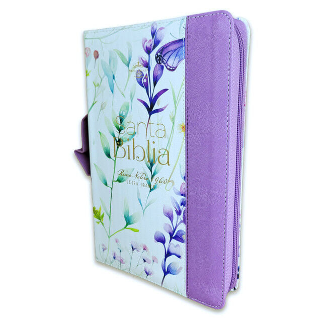 Biblia RVR60 tamaño manual letra grande i/piel con asa color lila/floral con cierre/índice canto pintado